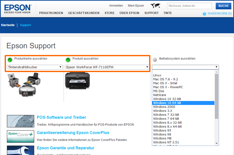 Ansicht der Epson-Support-Seite