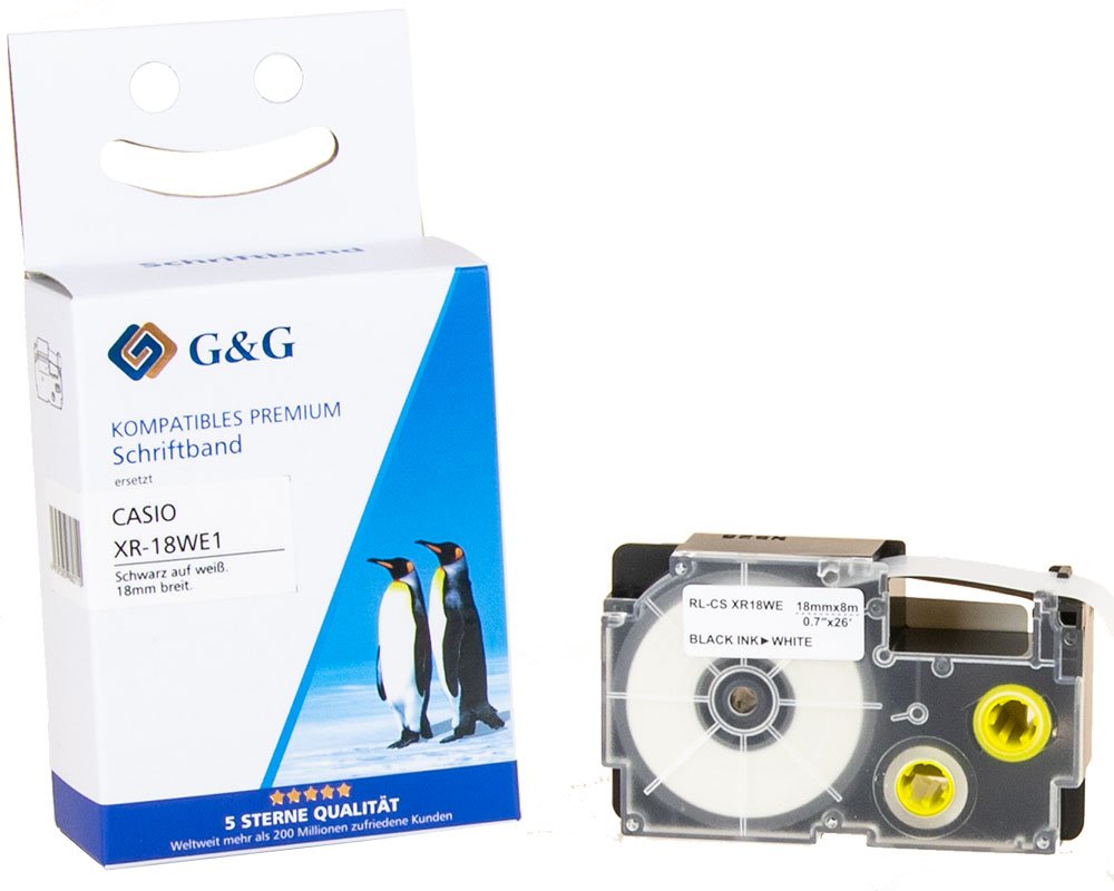 Kompatibel mit Casio XR-18WE1 Schriftband Schwarz auf weiß, 18mm x 8m [modell] - Marke: G&G