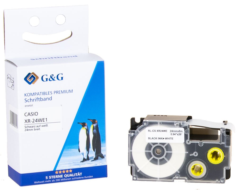 Kompatibel mit Casio XR-24WE1 Schriftband Schwarz auf weiß, 24mm x 8m [modell] - Marke: G&G