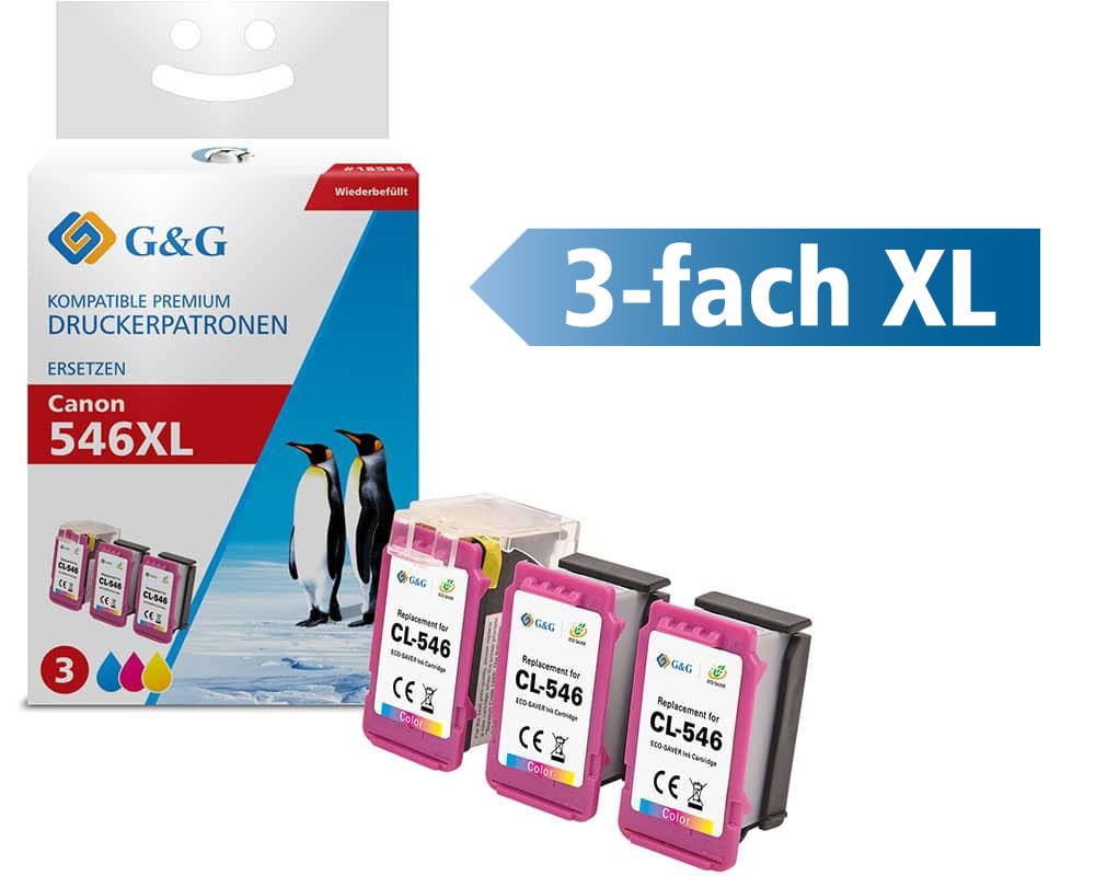 Kompatibel mit Canon CL-546XL Druckerpatronen - ECO-SAVER Color, 1x Adapter + 3x XL-Tintentanks [modell] - Marke: G&G