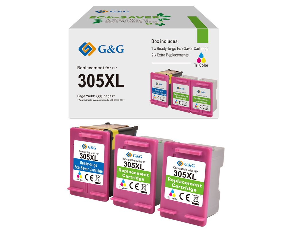 Kompatibel mit HP 305XL/ 3YM63AE, Ecosaver: 1x Adapter + 3x XXL-Tintentanks Color [modell] - Marke: G&G (XXL: 3x 18,6ml/ 1.350 Seiten)