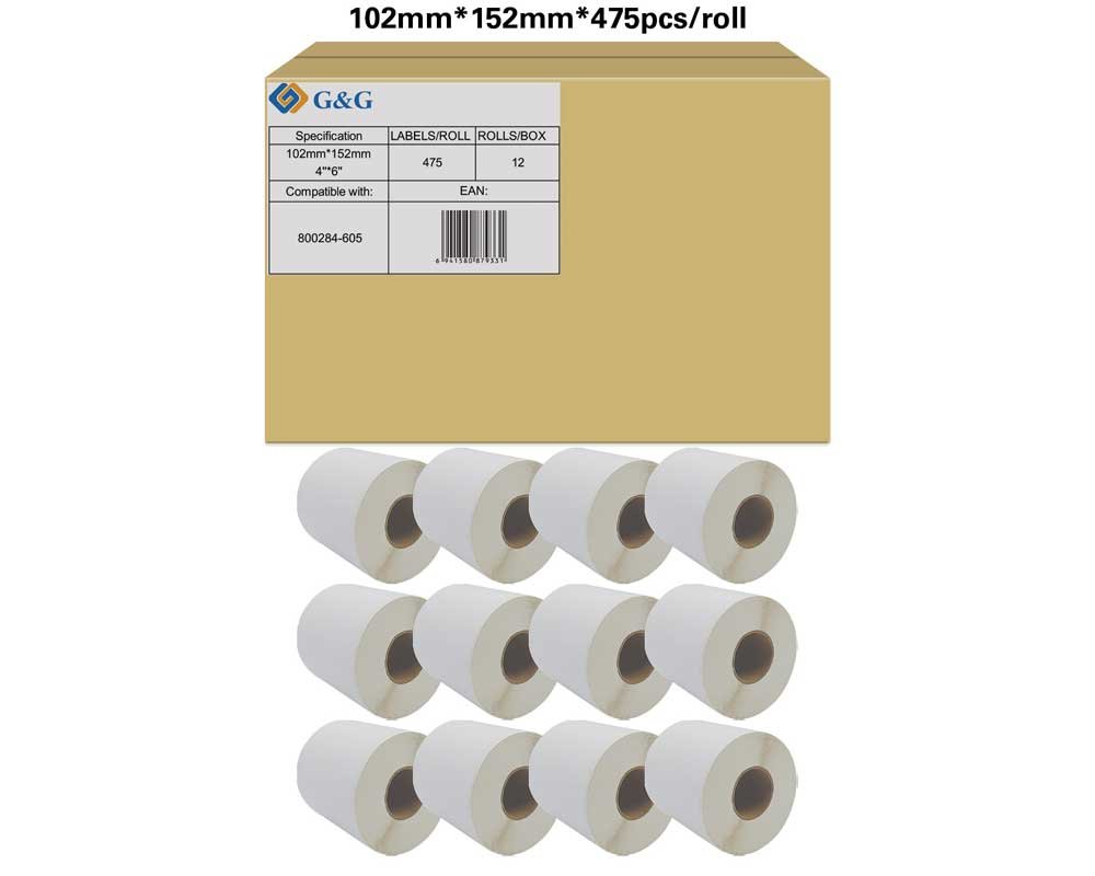 Kompatibel mit Zebra 800284-605 (12x 475 Etiketten/ 102 x152mm) ungestrichenes Thermopapier, perforiert [modell] - Marke: G&G