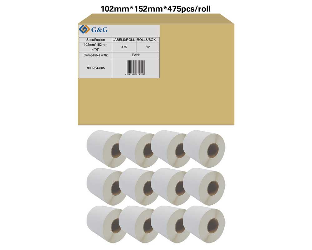 Kompatibel mit Zebra 800264-605 (12x 475 Etiketten/ 102 x152mm) beschichtetes Thermopapier, bedingte Resistenz gegen Feuchtigkeit und Fette, perforiert [modell] - Marke: G&G