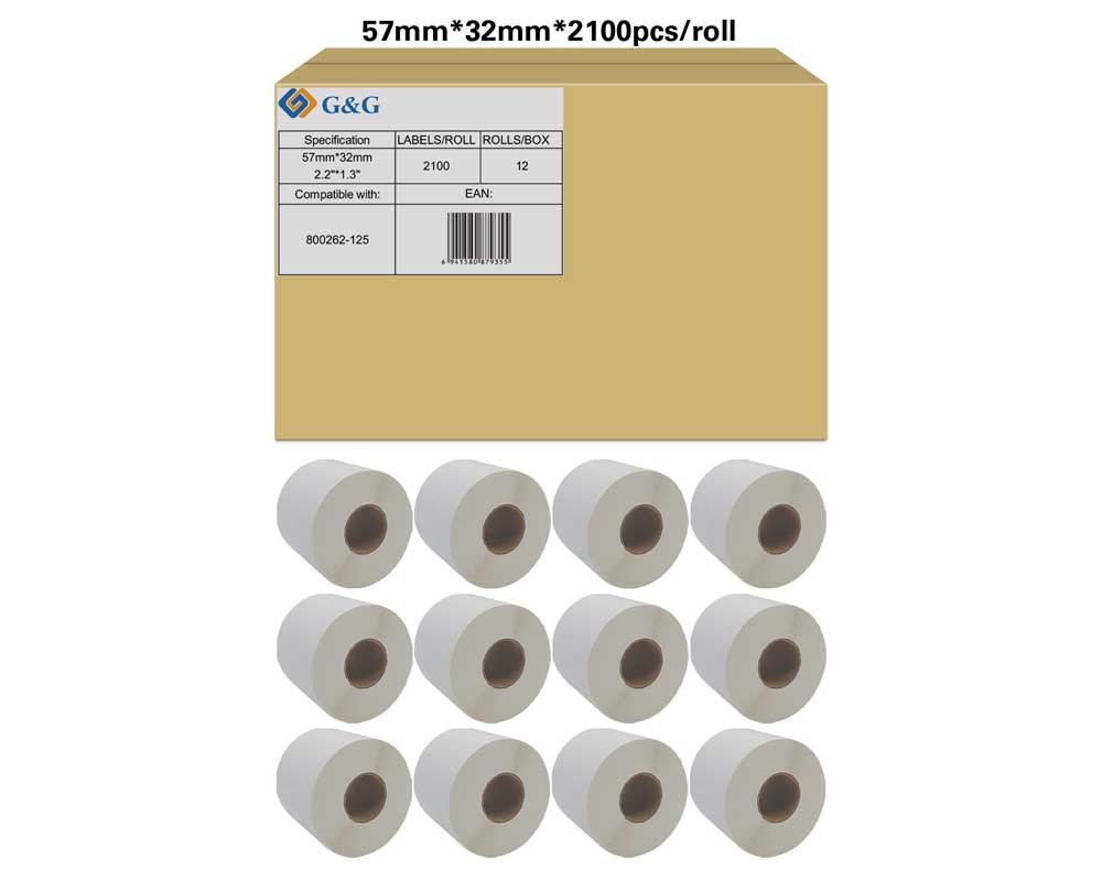 Kompatibel mit Zebra 800262-125 (12x 2.100 Etiketten/ 57 x 32mm) beschichtetes Thermopapier, bedingte Resistenz gegen Feuchtigkeit und Fette, perforiert [modell] - Marke: G&G