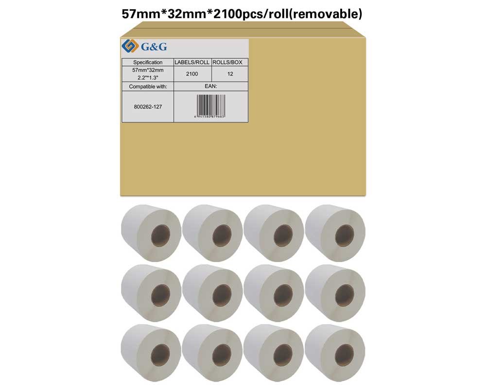 Kompatibel mit Zebra 800262-127 wieder ablösbar (12x 2.100 Etiketten/ 57 x 32mm) beschichtetes Thermopapier, bedingte Resistenz gegen Feuchtigkeit und Fette, perforiert [modell] - Marke: G&G