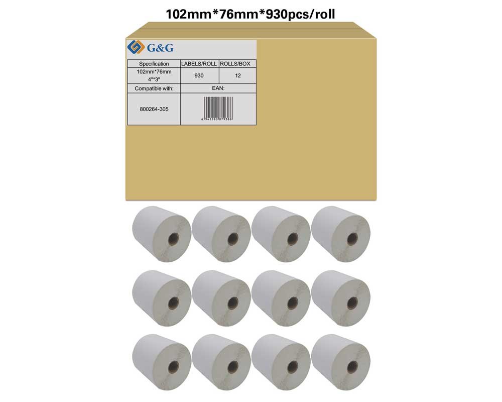 Kompatibel mit Zebra 800264-305 (12x 930 Etiketten/ 102 x 76mm) beschichtetes Thermopapier, bedingte Resistenz gegen Feuchtigkeit und Fette, perforiert [modell] - Marke: G&G