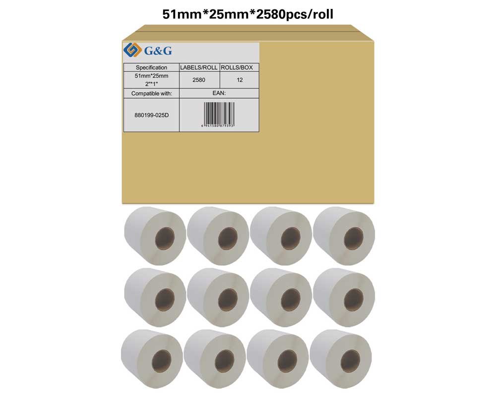 Kompatibel mit Zebra 880199-025D (12x 2.580 Etiketten/ 51 x 25mm) beschichtetes Thermopapier, bedingte Resistenz gegen Feuchtigkeit und Fette, perforiert [modell] - Marke: G&G