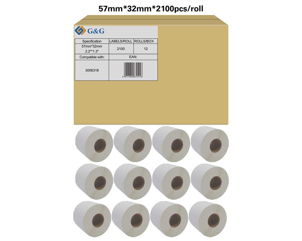 Kompatibel mit Zebra 3006318 (12x 2.100 Etiketten/ 57 x 32mm) beschichtetes Thermotransferetiketten bedingte Resistenz gegen Feuchtigkeit und Fette, perforiert [modell] - Marke: G&G