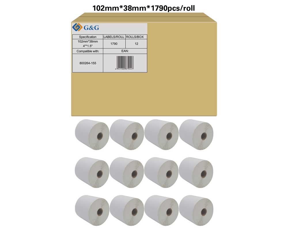 Kompatibel mit Zebra 800264-155 (12x 1.790 Etiketten/ 102 x 38mm) beschichtetes Thermopapier, bedingte Resistenz gegen Feuchtigkeit und Fette, perforiert [modell] - Marke: G&G