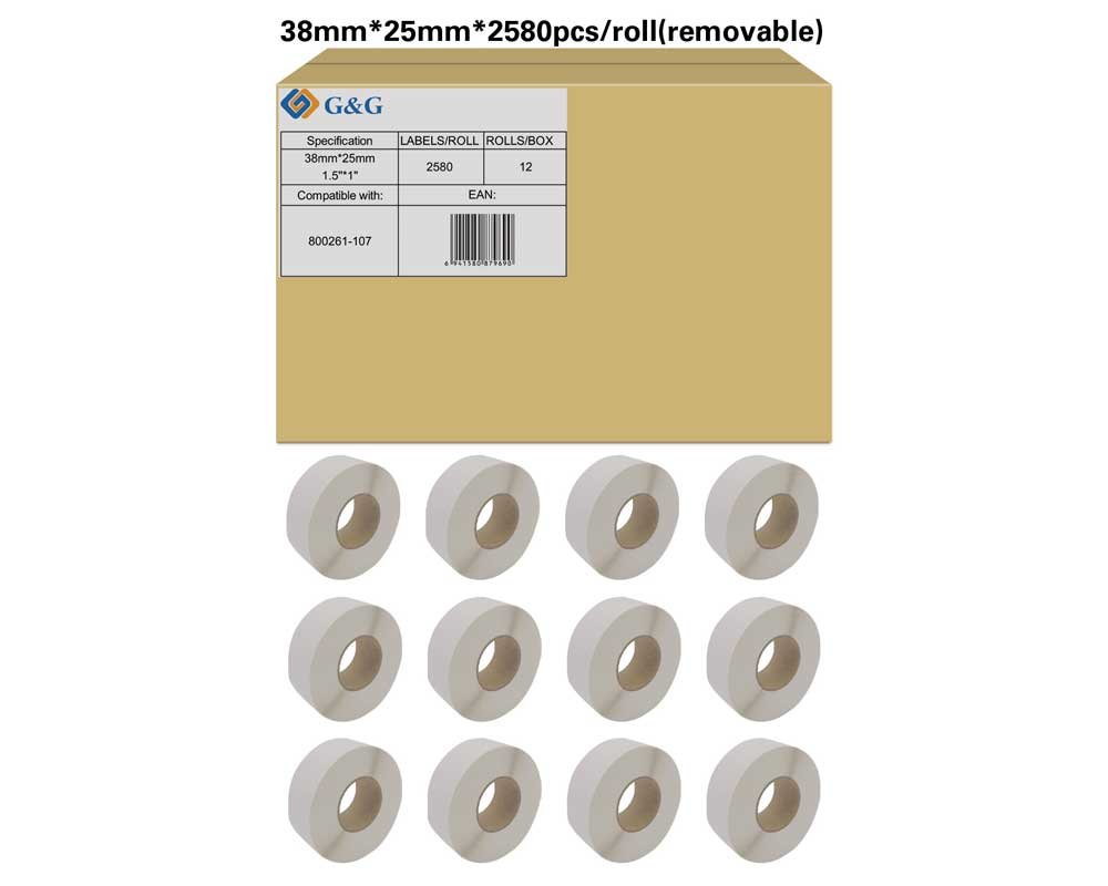 Kompatibel mit Zebra 800261-107 wieder ablösbar (12x 2.580 Etiketten/ 38 x 25mm) beschichtetes Thermopapier, bedingte Resistenz gegen Feuchtigkeit und Fette, perforiert [modell] - Marke: G&G