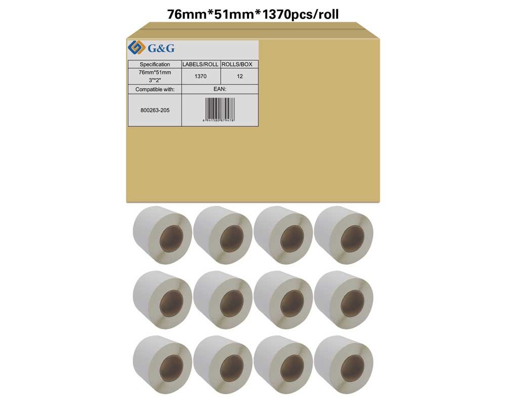 Kompatibel mit Zebra 800263-205 (12x 1.370 Etiketten/ 76 x 51mm) beschichtetes Thermopapier, bedingte Resistenz gegen Feuchtigkeit und Fette, perforiert [modell] - Marke: G&G