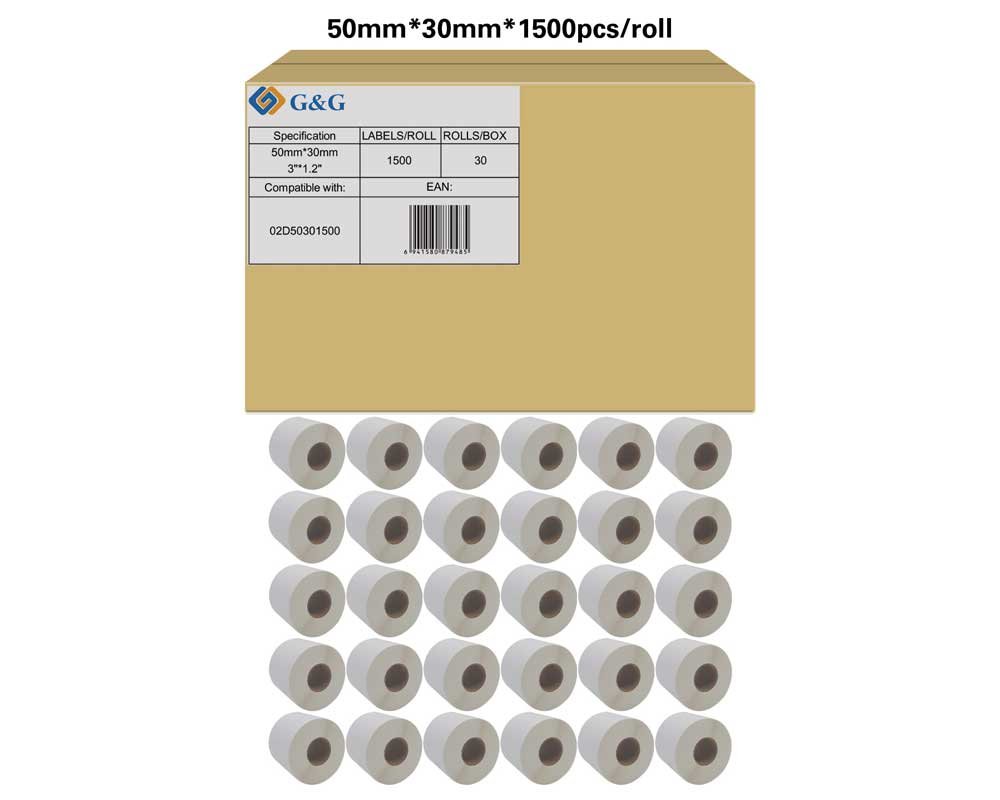 Kompatibel mit Zebra 02D50301500 (30x 1.500 Etiketten/ 50 x 30mm) beschichtetes Thermopapier, bedingte Resistenz gegen Feuchtigkeit und Fette, perforiert [modell] - Marke: G&G