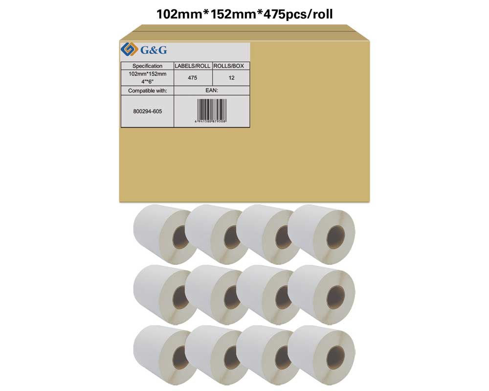 Kompatibel mit Zebra 800294-605 (12x 475 Etiketten/ 102 x 152mm) ungestrichenes Thermotransferetiketten perforiert [modell] - Marke: G&G