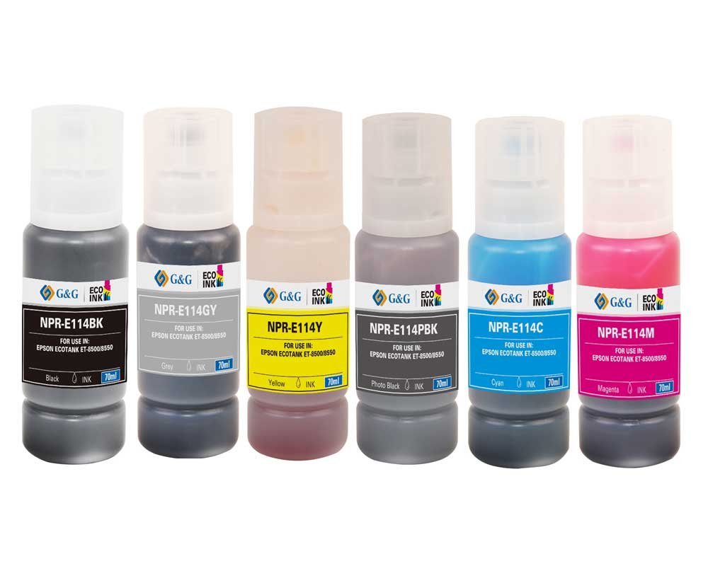 Kompatibel mit Epson 114 -6er Multipack- Tinte EcoTank (6x 70ml) je 1x Schwarz, Fotoschwarz, Cyan, Magenta, Gelb, Grau [modell] - Marke: G&G