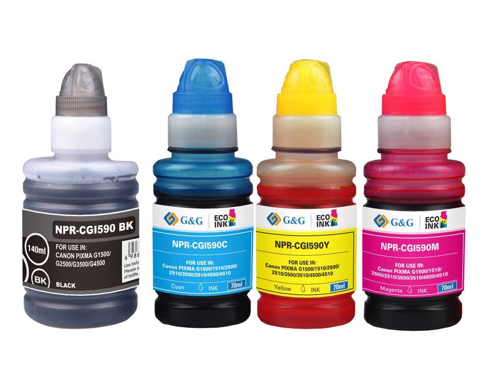 Kompatibel mit Canon GI-590BK Nachfüll-Tinten -4er Multipack- je 1x Schwarz, Cyan, Magenta, Gelb (1x 100 ml + 3x 70 ml) [modell] - Marke: G&G