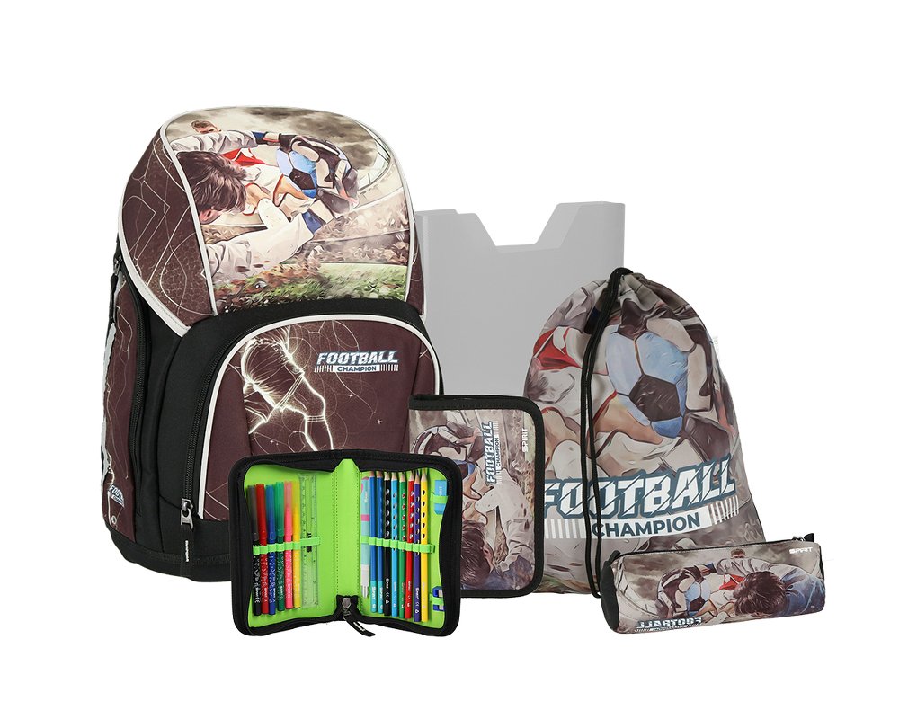 Spirit VARIO Schulranzen Set FOOTBALL, 5-teilig - mit extra viel Platz (26 Liter), Magnetverschluss - stabil, trotzdem leicht (ca. 980 g Leergewicht)