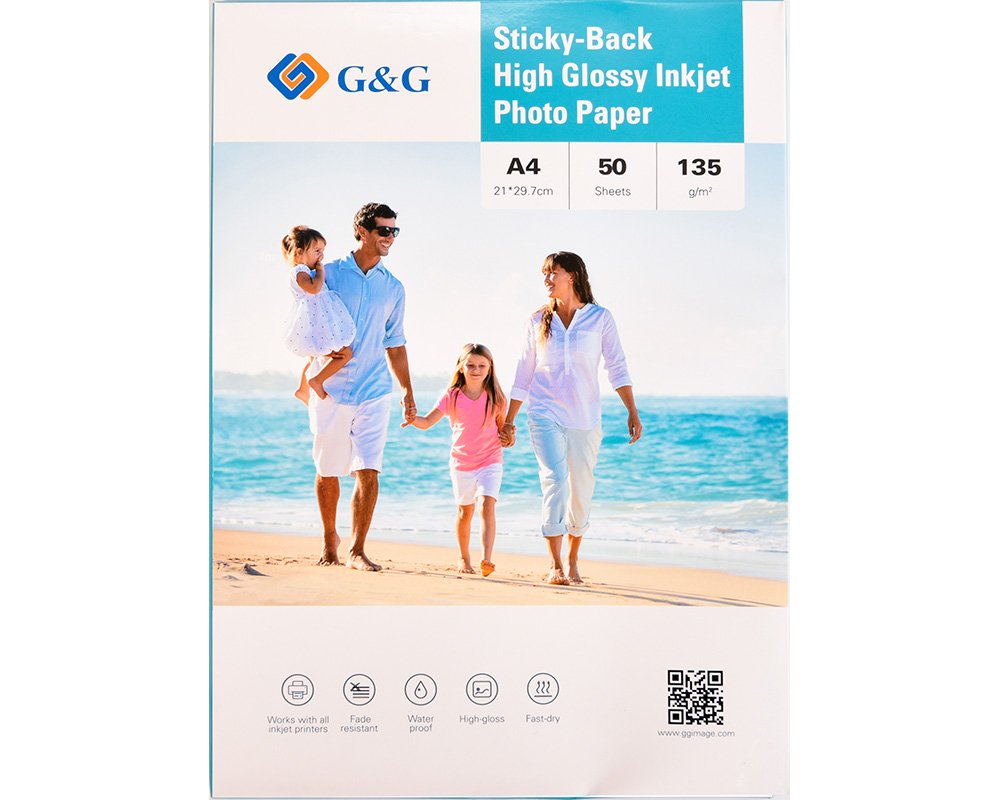G&G Selbstklebendes Fotopapier 50 Blatt DIN-A4 21 x 29,7 cm hochglänzend 135g/m² - Aufkleber einfach selbst drucken!