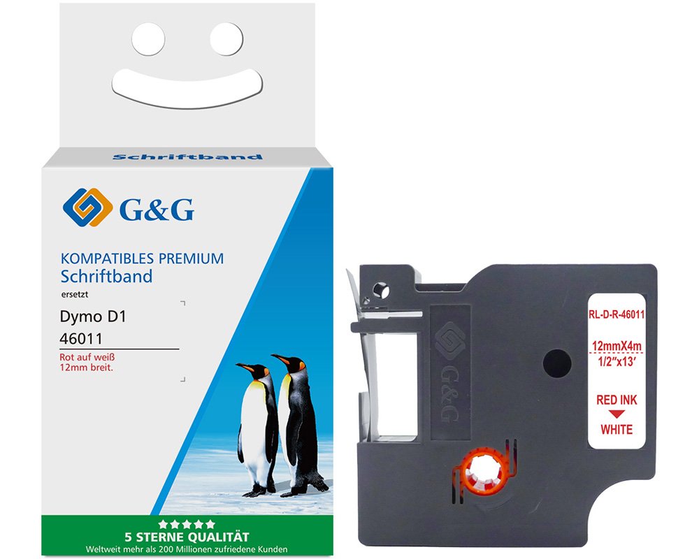 Kompatibel mit Dymo D1 Seiden Schriftband Rot auf Weiß für Dymo Label Manager / Rhino (12mm x 4m) [modell] - Marke: G&G