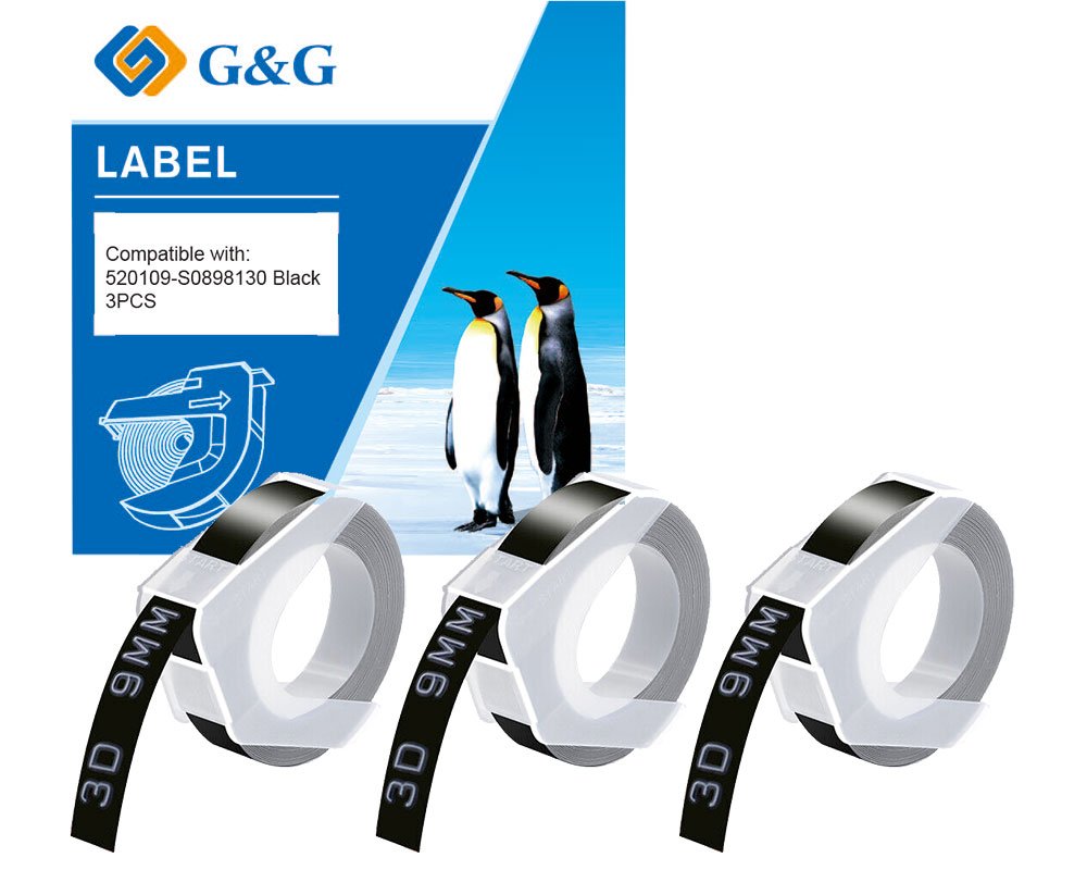 G&G Prägeband-Set 3D (3 x schwarz 9mm hoch, 3m lang) kompatibel mit GG-B90, Dymo Omega und Junior / ersetzt S0847730