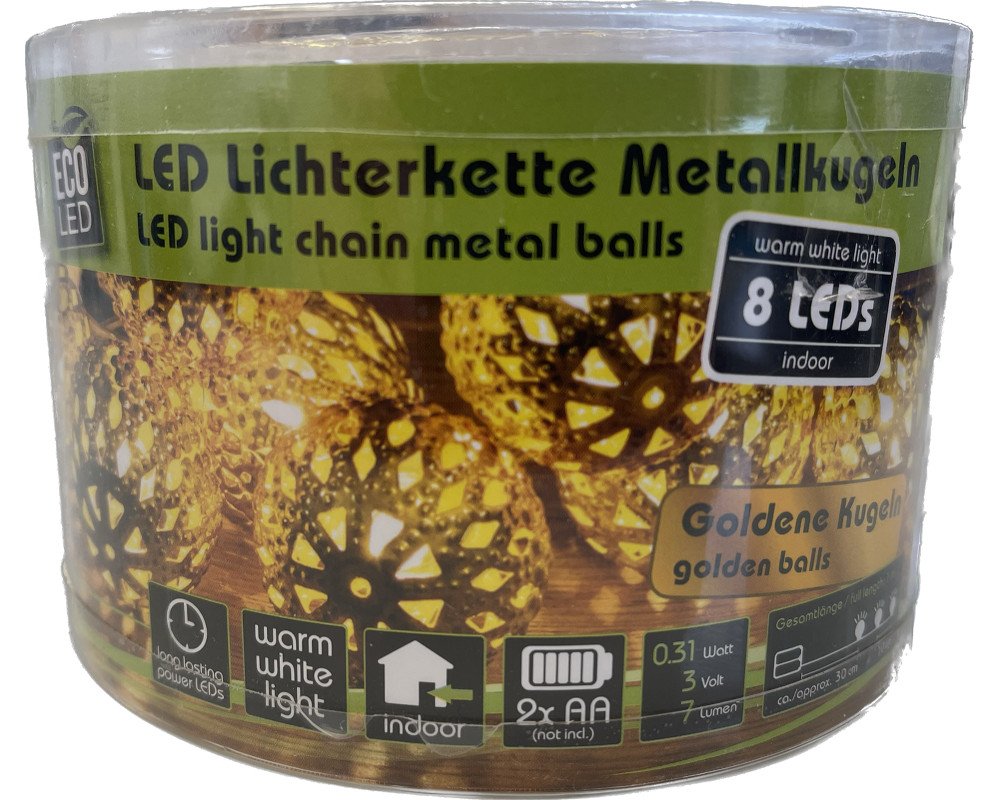 LED Lichterkette mit 8 goldenen Metallkugeln, warmweiß