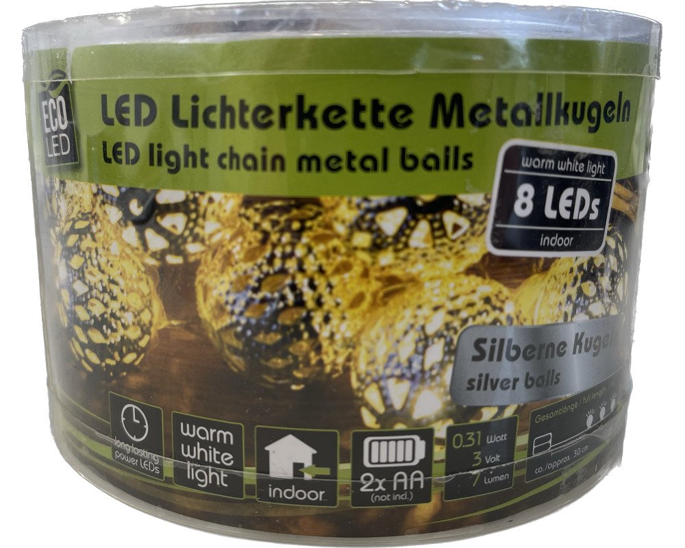 LED Lichterkette mit 8 leuchtenden Metallkugeln - Farbe: silber - batteriebetrieben - warmweißes Licht - Länge: 1 Meter