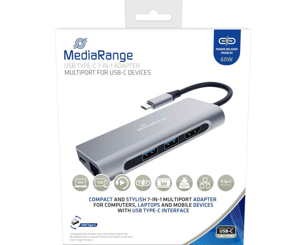 MediaRange USB Type-C® 7 in 1 Multiport Adapter (2 x USB 3.2, HDMI 1.4, RJ45-Netzwerk, SD-Karten, USB-C Ladeslot) silber MRCS510