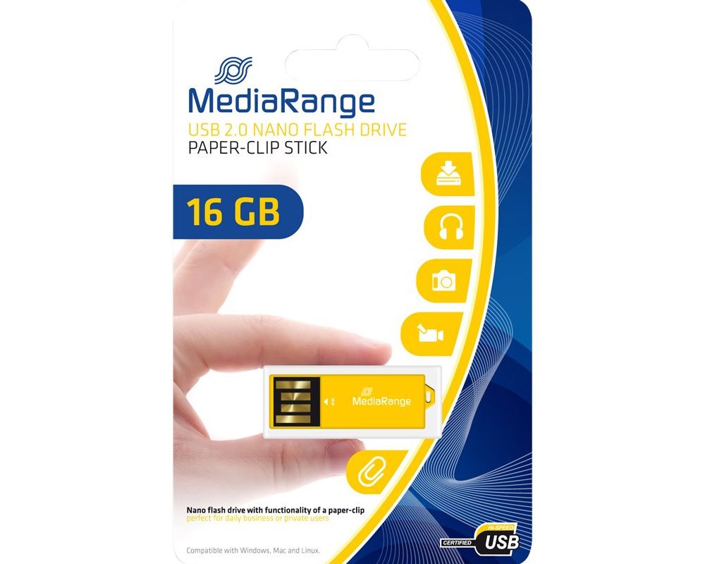 MediaRange Nano USB-Stick 16GB, USB 2.0 MR976 mit Büroklammerfunktion