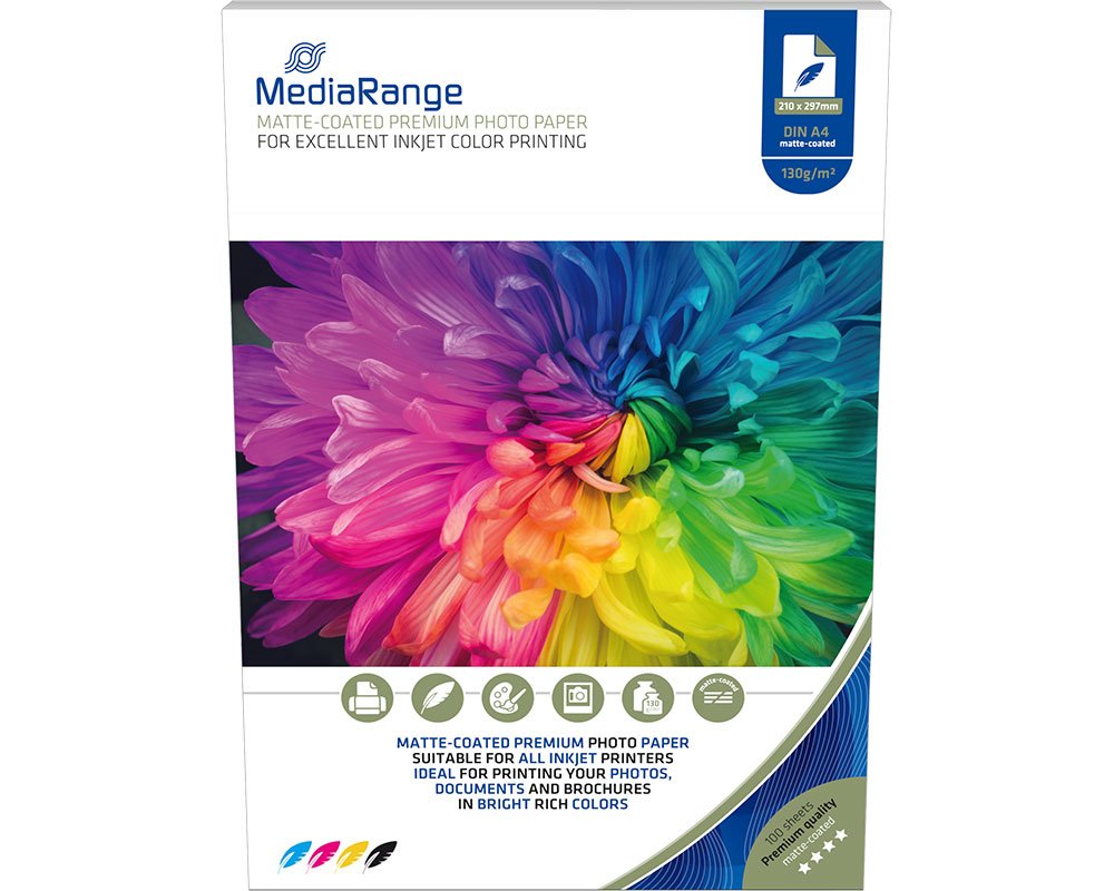 MediaRange Fotopapier für Tintenstrahldrucker A4, matt, 130g, 100 Blatt (MRINK101)