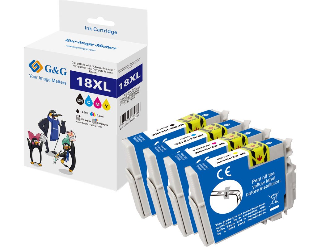 Kompatibel mit Epson 18XL/ T1816/ C13T18164510 XL-Druckerpatronen 4er-Set: Je 1x Schwarz, Cyan, Magenta, Gelb [modell] - Marke: G&G