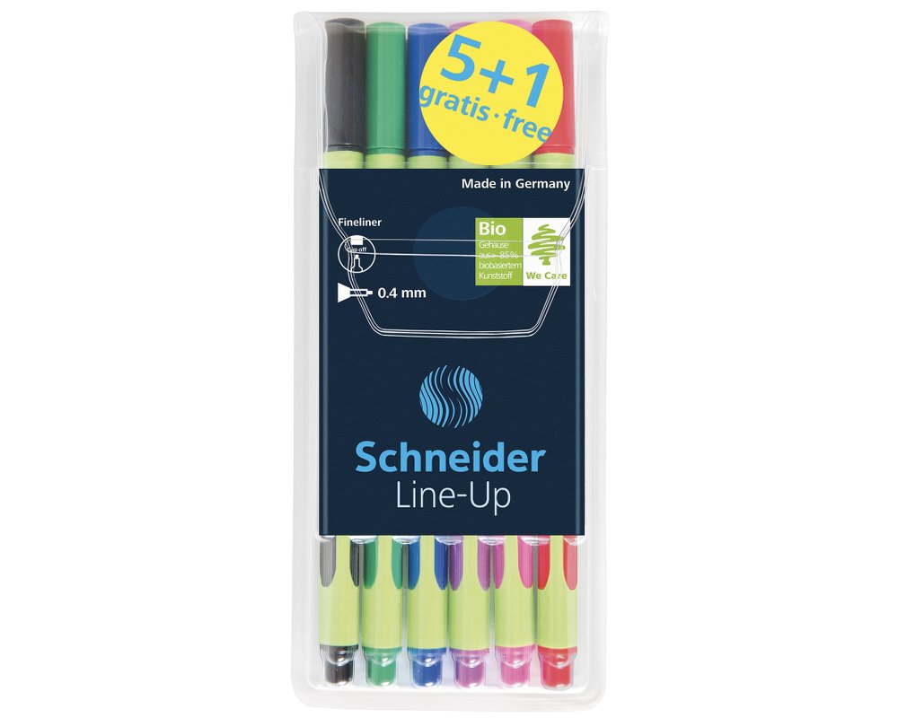 6 Schneider Fineliner Line-Up - schwarz, grün, blau, lila, rosa, rot