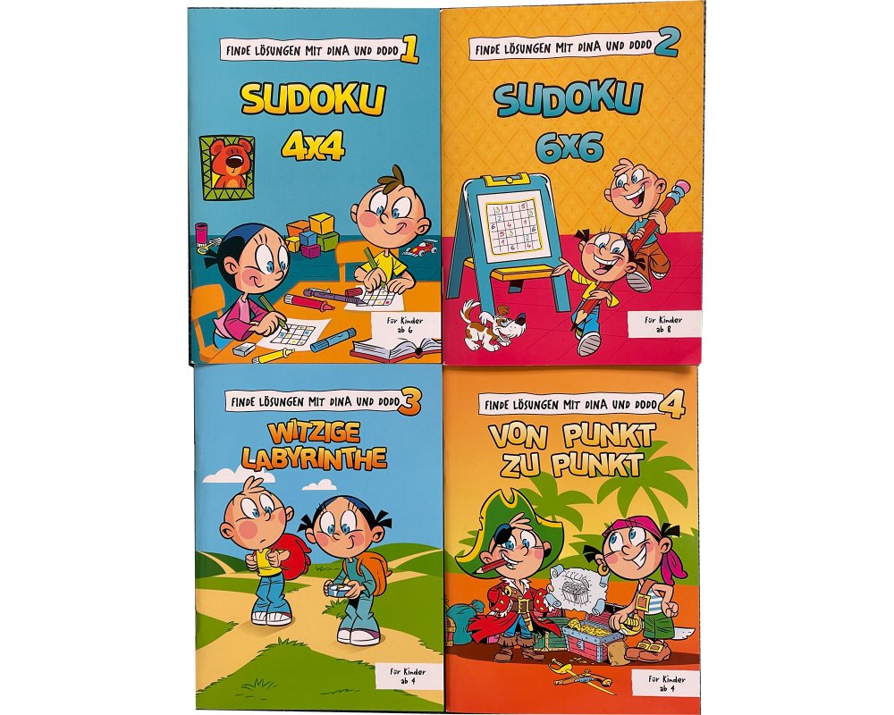 4er-Set Rätselbücher: SUDOKU 4x4, SUDOKO 6x6, Witzige Labyrinthe, Von Punkt zu Punkt
