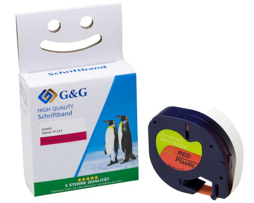 Kompatibel mit Dymo 91223/ S0721680 Plastik-Etiketten/ Schriftbandkassette Schwarz auf rot 12mm x 4m jetzt kaufen - Marke: G&G