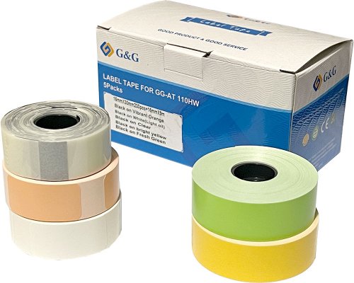 5 G&G Etikettenrollen (3 x 230 Etiketten - 15mm x 30mm + 2 x 9m x 15mm Endlosetiketten) farbsortiert für GG-AT 110HW Etikettendrucker