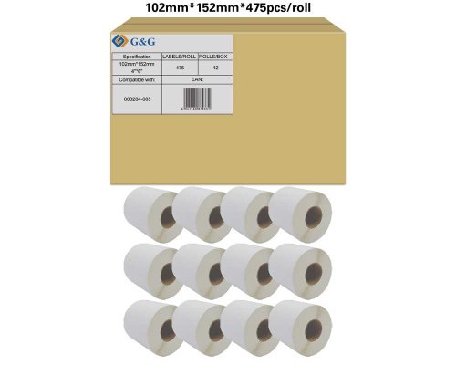 Kompatibel mit Zebra 800284-605 (12x 475 Etiketten/ 102 x152mm) ungestrichenes Thermopapier, perforiert jetzt kaufen - Marke: G&G