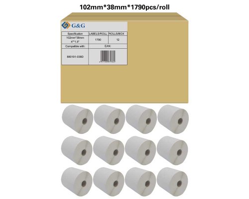 Kompatibel mit Zebra 880191-038D (12x 1.790 Etiketten/ 102 x 38mm) ungestrichenes Thermopapier, perforiert jetzt kaufen - Marke: G&G