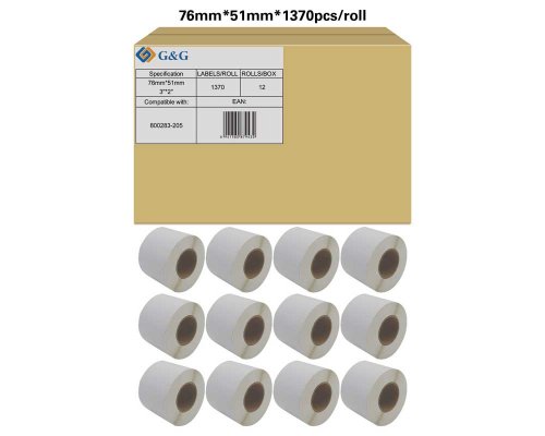 Kompatibel mit Zebra 800283-205 (12x 1.370 Etiketten/ 76 x 51mm) ungestrichenes Thermopapier, perforiert jetzt kaufen - Marke: G&G