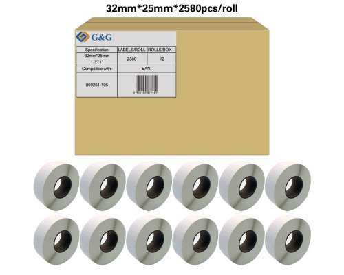 Kompatibel mit Zebra 800261-105 (12x 2.580 Etiketten/ 32 x 25mm) beschichtetes Thermopapier, bedingte Resistenz gegen Feuchtigkeit und Fette, perforiert jetzt kaufen - Marke: G&G