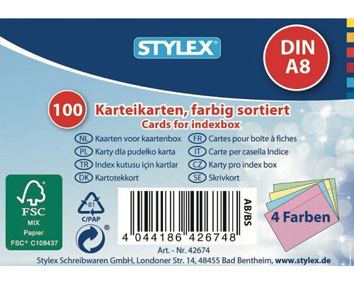 100 Karteikarten A8, farbig sortiert, FSC-zertifiziert