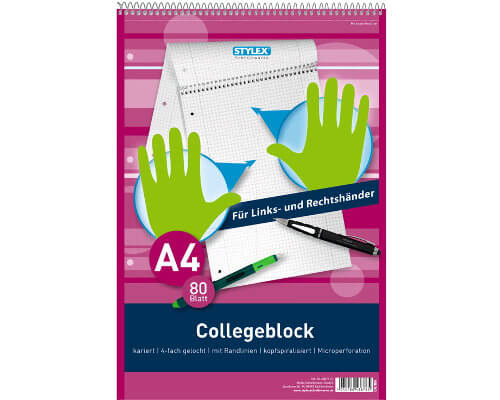 Stylex Collegeblock DIN-A4, für Links- und Rechtshänder. Kariert (80 Blatt)