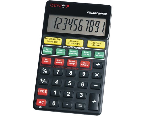 GENIE Finanzgenie 10-stelliger Taschenrechner (Knopfdruck zu Zinsen, Laufzeiten, Raten, Ansparungen, Sparsummen)