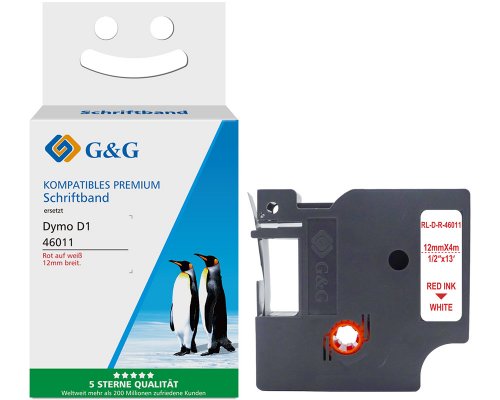 Kompatibel mit Dymo D1 Seiden Schriftband Rot auf Weiß für Dymo Label Manager / Rhino (12mm x 4m) jetzt kaufen - Marke: G&G