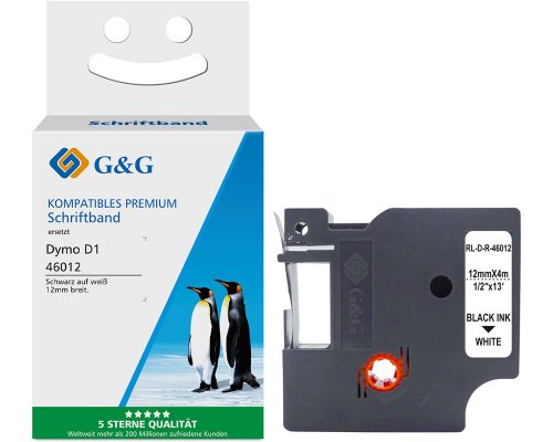 Kompatibel mit Dymo D1 Seiden Schriftband Schwarz auf Weiß für Dymo Label Manager / Rhino (12mm x 7m) jetzt kaufen - Marke: G&G