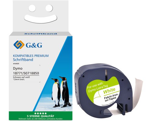 Kompatibel mit Dymo S0718840/ LT18771 Stoff- Bügeletiketten/ Schriftbandkassette (12mm x 2m) Schwarz auf Weiß jetzt kaufen - Marke: G&G