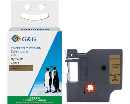 Kompatibel mit Dymo D1 Seiden Schriftband Schwarz auf Gold für Dymo Label Manager / Rhino (12mm x 4m) jetzt kaufen - Marke: G&G