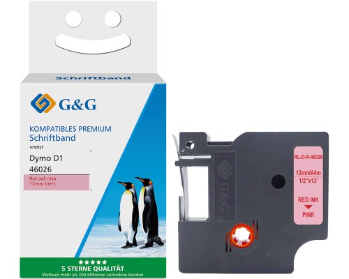Kompatibel mit Dymo D1 Seiden Schriftband Rot auf Pink für Dymo Label Manager / Rhino (12mm x 4m) jetzt kaufen - Marke: G&G