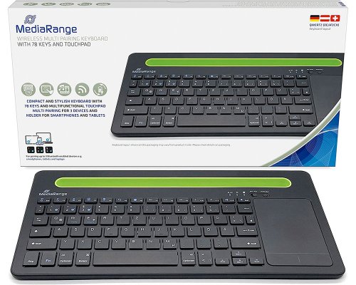 MediaRange kompakte Multi-pairing Funk-Tastatur mit 78 Tasten und Touchpad, QWERTZ (DE/AT/CH) Tastaturbelegung, schwarz/grün MROS131