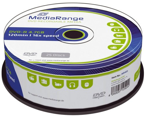 MediaRange DVD-R 4.7GB|120min 16-fache Schreibgeschwindigkeit, 25er Cakebox MR403