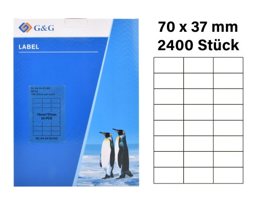 G&G 2400 Etiketten 70 x 37 mm (auf 100 Blätter A4) für Tintenstrahl- und Laserdrucker geeignet