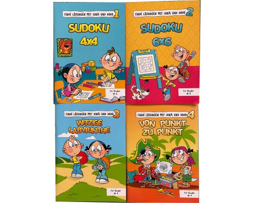 4er-Set Rätselbücher: SUDOKU 4x4, SUDOKO 6x6, Witzige Labyrinthe, Von Punkt zu Punkt