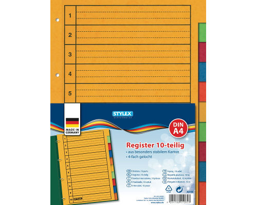 10 Trennblätter/ Register A4 farbig, besonders stabiler Karton